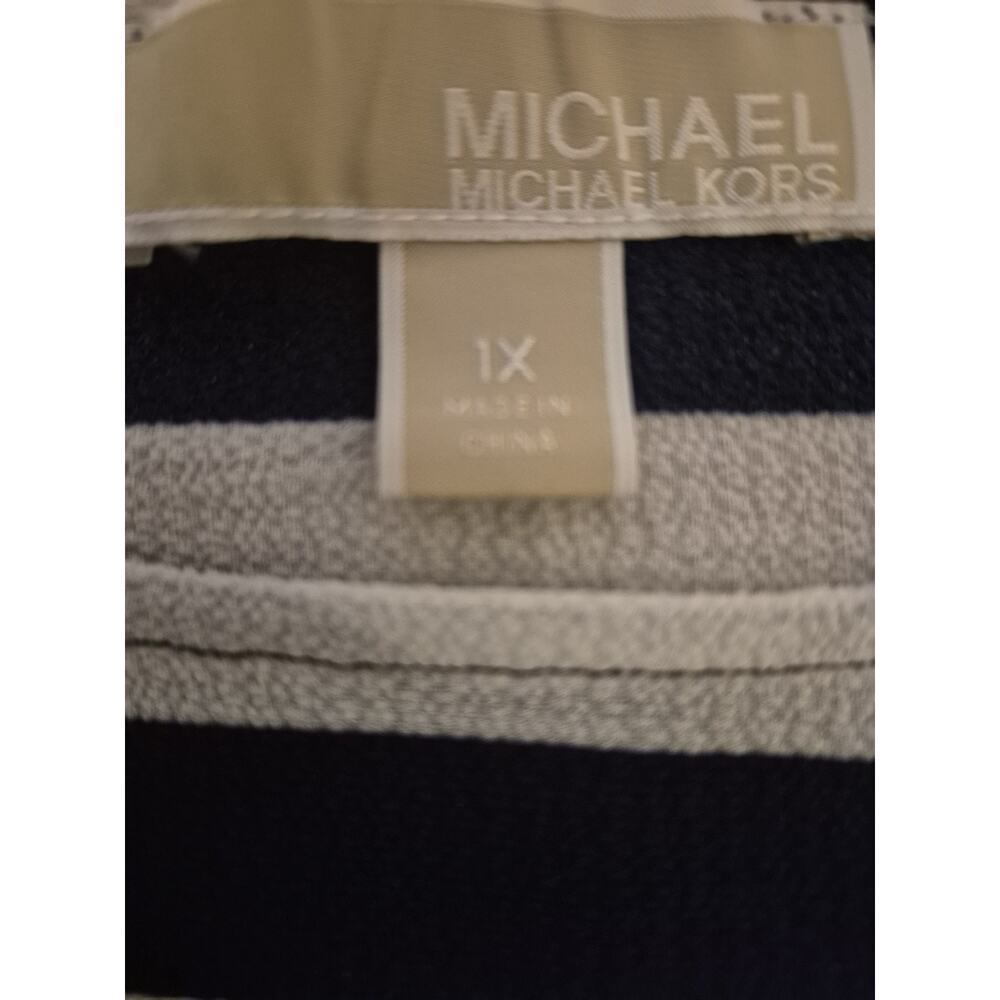Michael Kors Crinkle Tunic Top Womens 1X Navywhite Stripe 3/4 Sleeve Side Tie - Picture 3 of 6